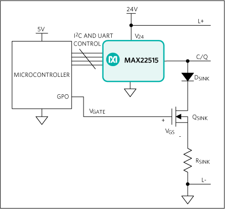 Figure 2. The MAX22515 transceiver configurable as either a master/device using a MOSFET-based current-sink circuit.