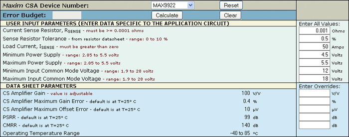 Figure 3. Calculator prefills the relevant specifications from the selected CSA data sheet.