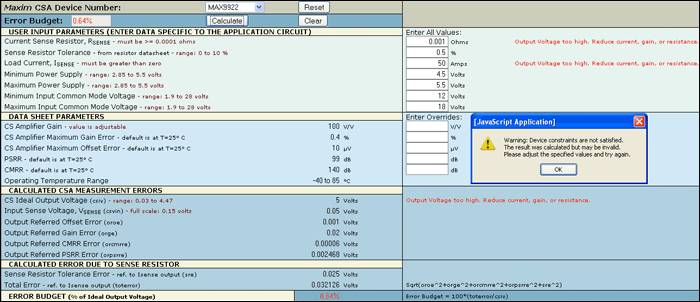 Figure 4. Error message example if any of the device constraints are not satisfied.