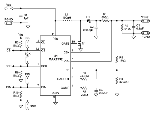 図8. 昇圧コンバータの回路例。MAX1932は、電圧モードの制御機能を備えるコントローラICです。