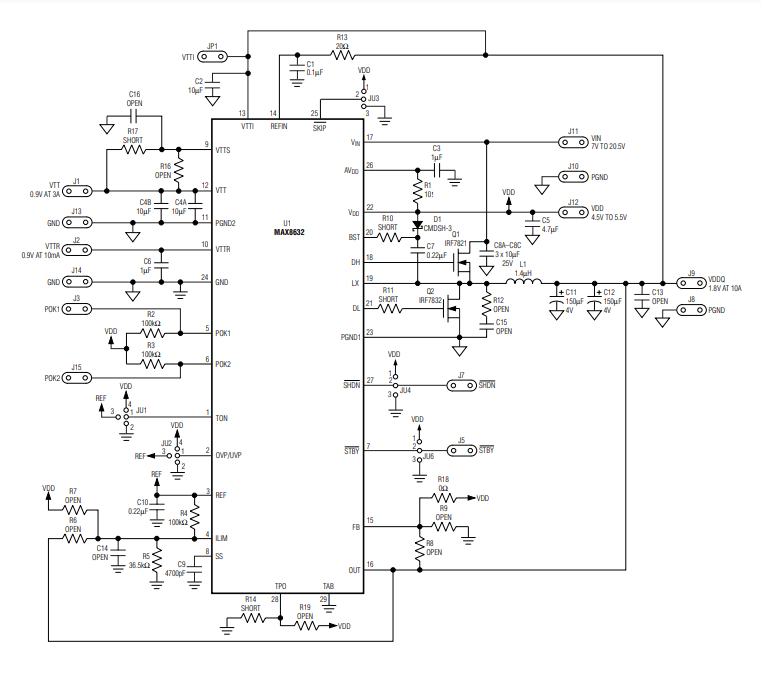 図12. MAX8632を使用して構成したDDRメモリ用の電源システム。同ICは、Quick-PWMのアーキテクチャを採用したスイッチング・レギュレータとリニア・レギュレータを内蔵しています。そのため、メインのGPUまたは標準的なコア・ロジック向けの完全な電源システムを構成できます。