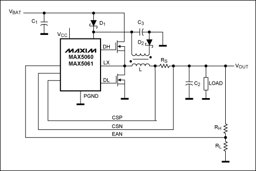 図4. MAX5060/MAX5061の入力電圧範囲を拡大するブートストラップ回路の例。