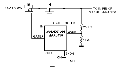 図5. MAX5060/MAX5061への電圧を28Vに制限するために、および逆バッテリ障害状態から回路保護するためには、この回路を使用してください。