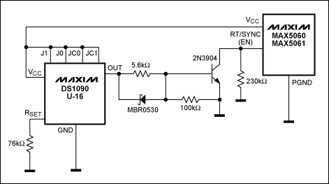 図6. MAX5060/MAX5061をスプレッドスペクトラムクロック(DS1090)に同期させることによって、ピークの放射は大きく減少します。