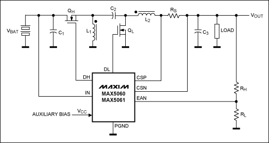 Figure 7. Simplified buck-boost converter implemented by using the MAX5060/MAX5061.