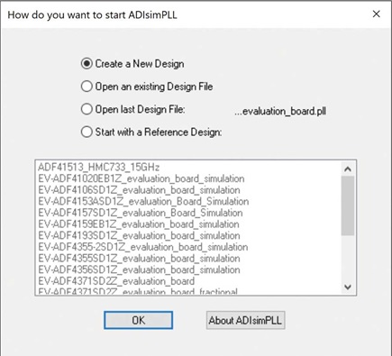 Figure 2. Starting a new design in ADIsimPLL.