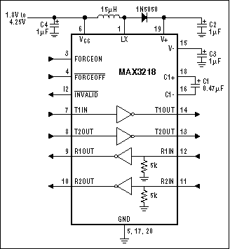 Figure 3. This RS-232 transceiver's internal boost controller ensures true RS-232 levels, even with supply voltages less than 3.0V.