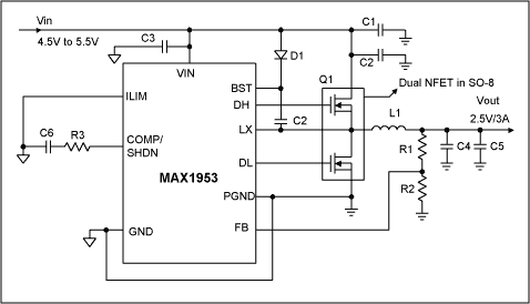 Figure 3. The MAX1953: 1MHz switching, 2.5V/3A memory VDDQ supply.