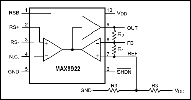 図2. インダイレクト電流帰還アンプ(MAX9922～MAX9923など)のREF端子に抵抗分圧器を接続した場合、CMRRは低下しません。