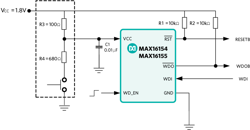 A pushbutton is utilized to drive a manual reset input.