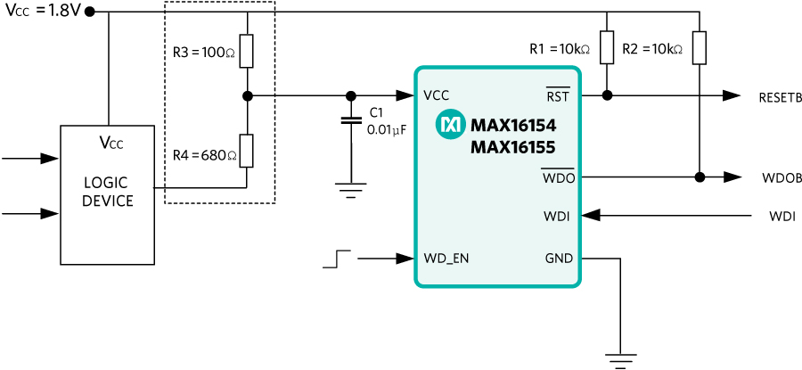 The output of a logic device is used to drive the manual reset input.