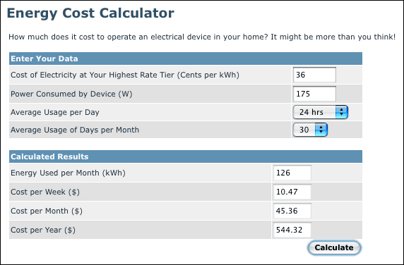 Figure 1. Energy Cost Calculator.