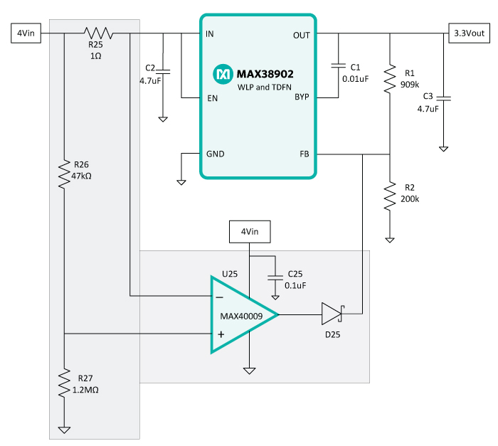 Figure 3. Schematic-added circuit block in gray. (R27 can be replaced by fixed zener with 1% or better tolerance).