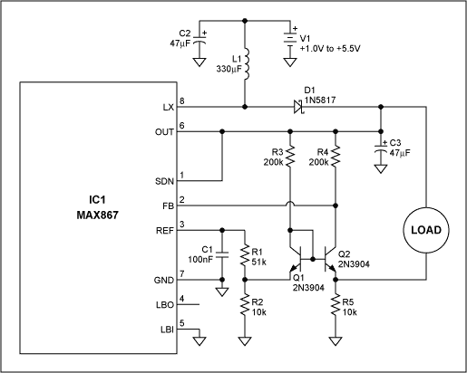 Figure 1. A low-cost feedback network (Q1, Q2, and associated resistors) improves the efficiency of this switchmode current source by a factor of six.