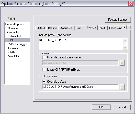 図5. MAXQ2000について正しいリンカーオプションを設定