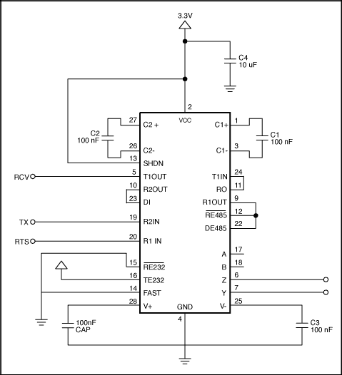 図9. MAX3162を使用した回路の例（その2）。マルチポイントのアプリケーション向けに、RS-232/RS-485に対応するプロトコル変換器を構成しています。