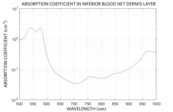 Absorption coefficient in the inferior blood net dermis layer as a function of wavelength