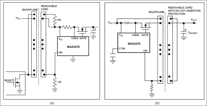 Figure 2. To insure properly seated pc cards on the backplane's card side (a) or host side (b), this IC (MAX4370) routes current through the outer pins of the card connector.