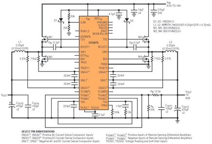 Converter uses two channels of the LTC3875 for a single 1V output with a 60A rating