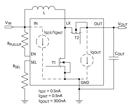 Figure 4. Boost converter with lower shutdown and quiescent currents.