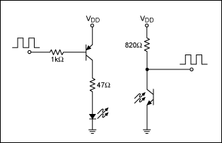 Figure 1. An electrical signal is converted into a modulated IR beam and back to an electrical signal. To extend the range of the transmitter, a PNP driver is used. Component values can be adjusted for the chosen IR LED.