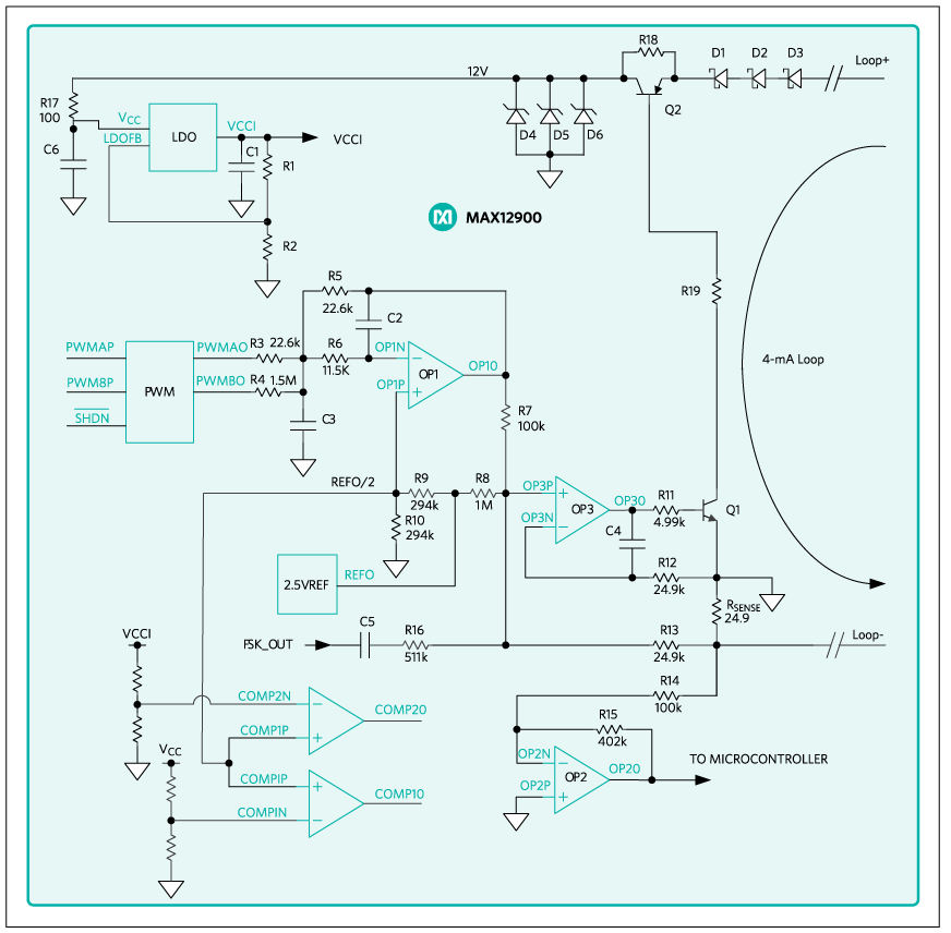 Figure 3. Configuration of loop-powered 4-20mA transmitter using MAX12900.