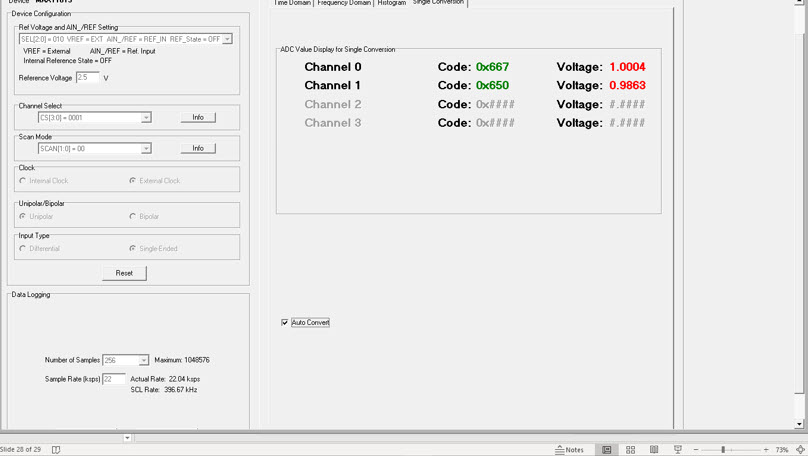 Data with 1.0000V input. CH0 source impedance is 50?. CH1 source impedance is 10k? with 100pF to the ground. CH1 source impedance is 10k? with 0.1µF to the ground