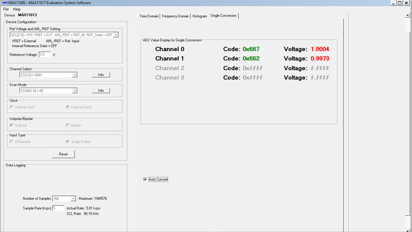 Data with 1.0000V input. CH0 source impedance is 50?. CH1 source impedance is 10k? with 100pF to the ground. CH1 source impedance is 10k? with 0.1µF to the ground