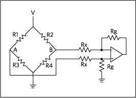 An instrumentation amplifier, connected to the original bridge circuit in Figure 1.