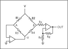 This circuit replaces the complex instrumentation amplifier (Figure 3) with two op amps.