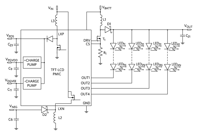 TFT-LCD and LED backlight PMIC.