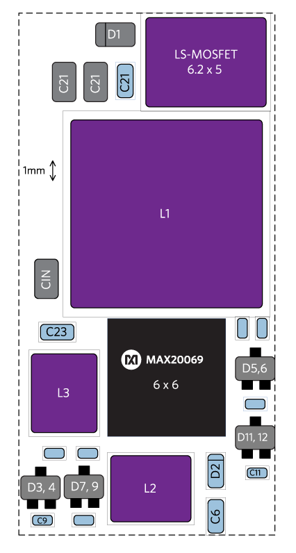 Integrated TFT-LCD and LED backlight PMIC PCB (2.65cm x 1.3cm = 3.45cm2).