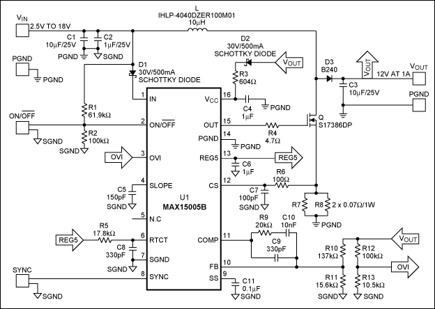 Figure 1. Schematic of the MAX15005B boost converter for FSW = 200kHz.