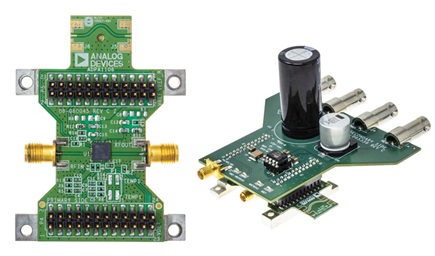 Figure 4. Analog Devices’ ADPA1106 evaluation board (left) and pulser board (right). The pulser board includes large charge storage capacitors to maintain power levels during wide pulse widths, and the evaluation board has decoupling capacitors close to the amplifier.