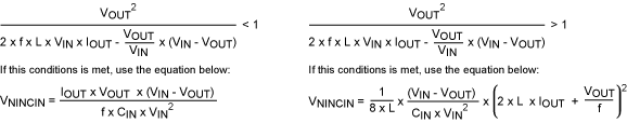 Equation 4. These are the equations necessary to calculate the noise on the input supply voltage due to the input capacitor's finite capacitance.