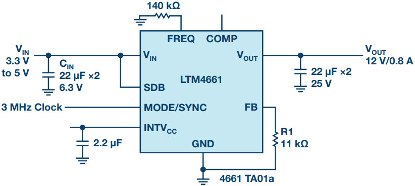 図1. LTM4661の使用例。外部クロックを使用し、3.3V~5Vの入力電圧を基に、12V/最大0.8Aの出力を得ることができます。