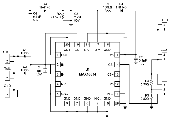 Figure 1. Circuit schematic of evaluation board for the MAX16804 high-brightness LED driver.