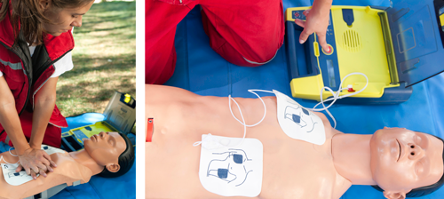 Chest compression CPR (left) circulates blood to deliver oxygen to the brain and other vital organs until the heart can be restarted by the AED (right).