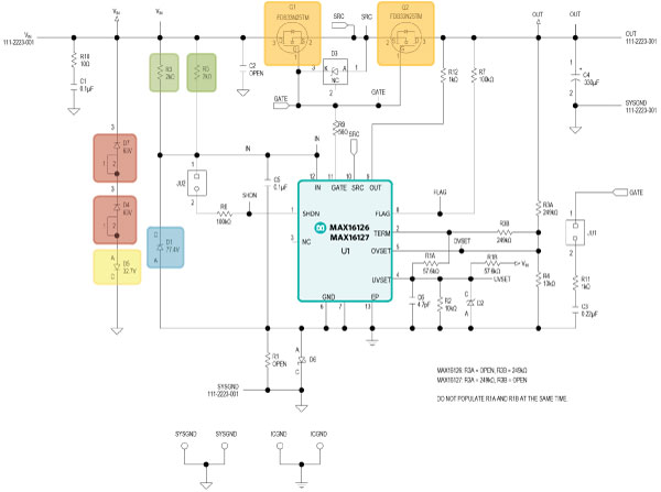 図12. リファレンス設計の回路図。MAX16126/MAX16127を使用し、ロード・ダンプに対する保護を実現します。