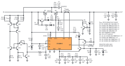 An LTC4380-based circuit protects downstream electronics from ISO 16750-2 and ISO 7637-2 transients while providing up to 4A of output current