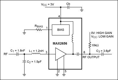 Figure 5. This typical operating circuit for the MAX2656 LNA shows design values for the input-matching network.