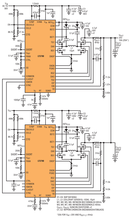 Figure 1. Two LT3790 24V voltage regulators are easy to parallel for double the output with limited discrete component temperature rise.