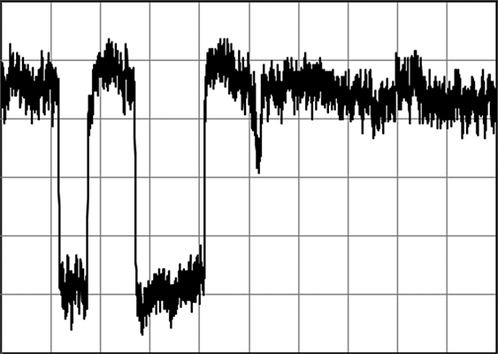 Oscilloscope image of popcorn noise (0.4s/div).