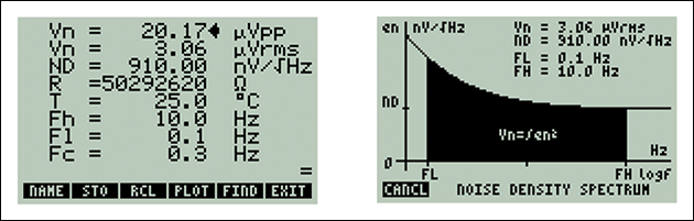 Thermal noise calculator screen shots.