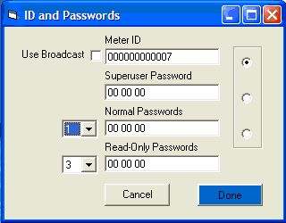 Figure 3. The ID and Passwords dialog lets you set both the network address for the meter and up to ten passwords.