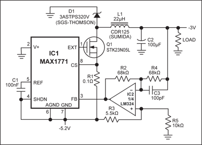 図1. このブーストモードDC-DCコントローラは、外部オペアンプで電圧フィードバックを反転することにより、-5.2VのECL電源から安定化-3Vを発生します。