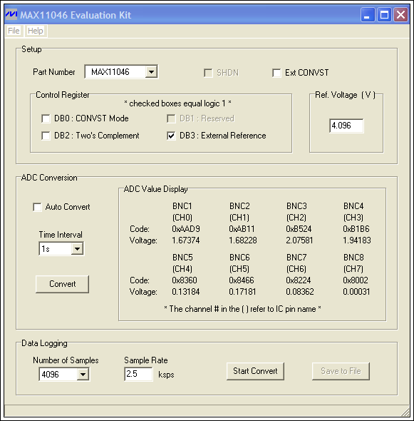 図6. MAX11046EVKITのGUIによって測定条件を便利に設定することができます。図示された条件は2.5kspsで4096サンプリングです。