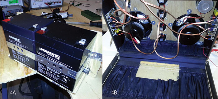 Figure 4. Batteries in the holster (4A). Some of the suitcase lining was removed to accommodate the battery holster, which was placed in the bottom and back of the case to counterbalance the weight of the speakers (4B).