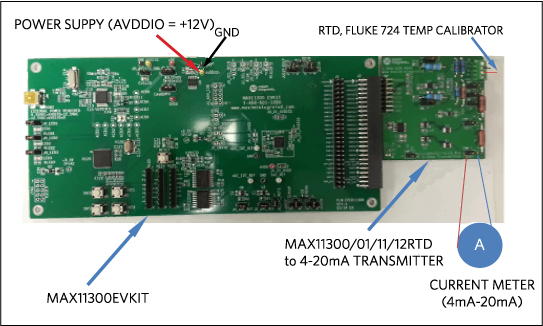 Figure 5. MAX11300EVKIT connected to the RTD to 4–20mA transmitter.