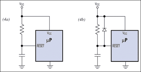 Figure 4. The discrete R/C POR (Figure 4a) is not reliable enough for most applications. In some cases, adding a diode to the circuit (Figure 4b) corrects quick-supply-cycling problems and improves the circuit's performance.